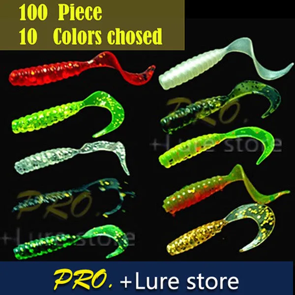 100pcs Soft plastic artificial isca pesca circle tail protein Grub lure fishing worm moggot grub lure baits 4cm