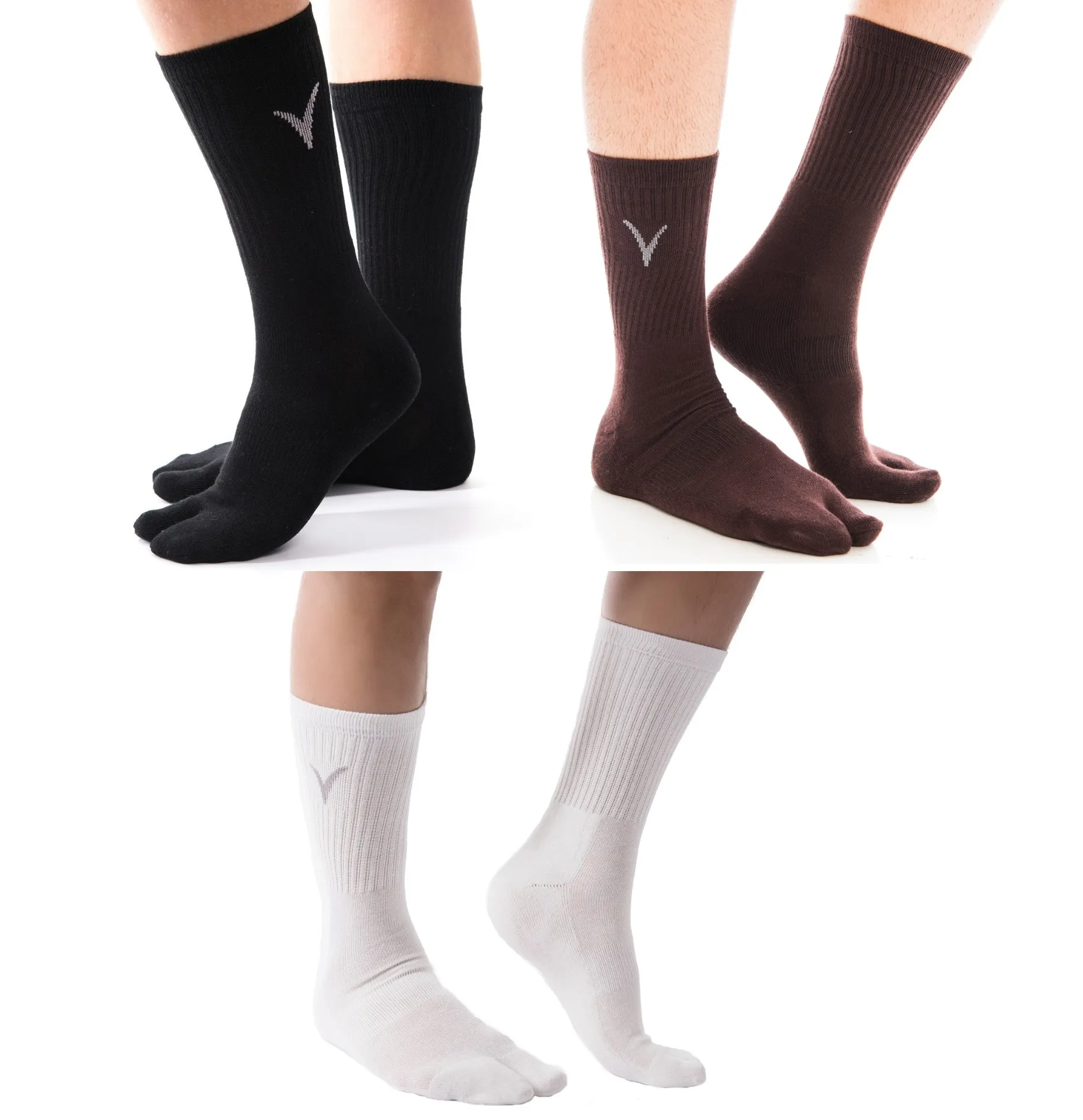 3 Pairs V-Toe Thicker Cotton Grey Flip-Flop Tabi Big Toe Crew Socks Black, Gunmetal Grey, Brown