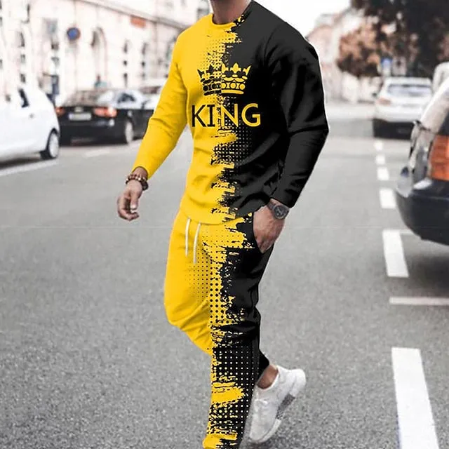 3D Printed Vertigo Men's Hoodie Sweatshirt Set - Black White Yellow Red - Crew Neck Graphic Splicing Print - Sports & Outdoor Casual 2 Piece Streetwear Sportswear - Spring Fall Fashion