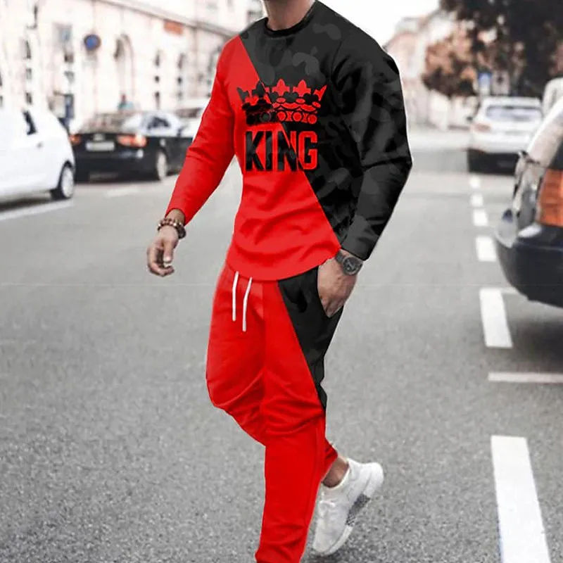 3D Printed Vertigo Men's Hoodie Sweatshirt Set - Black White Yellow Red - Crew Neck Graphic Splicing Print - Sports & Outdoor Casual 2 Piece Streetwear Sportswear - Spring Fall Fashion