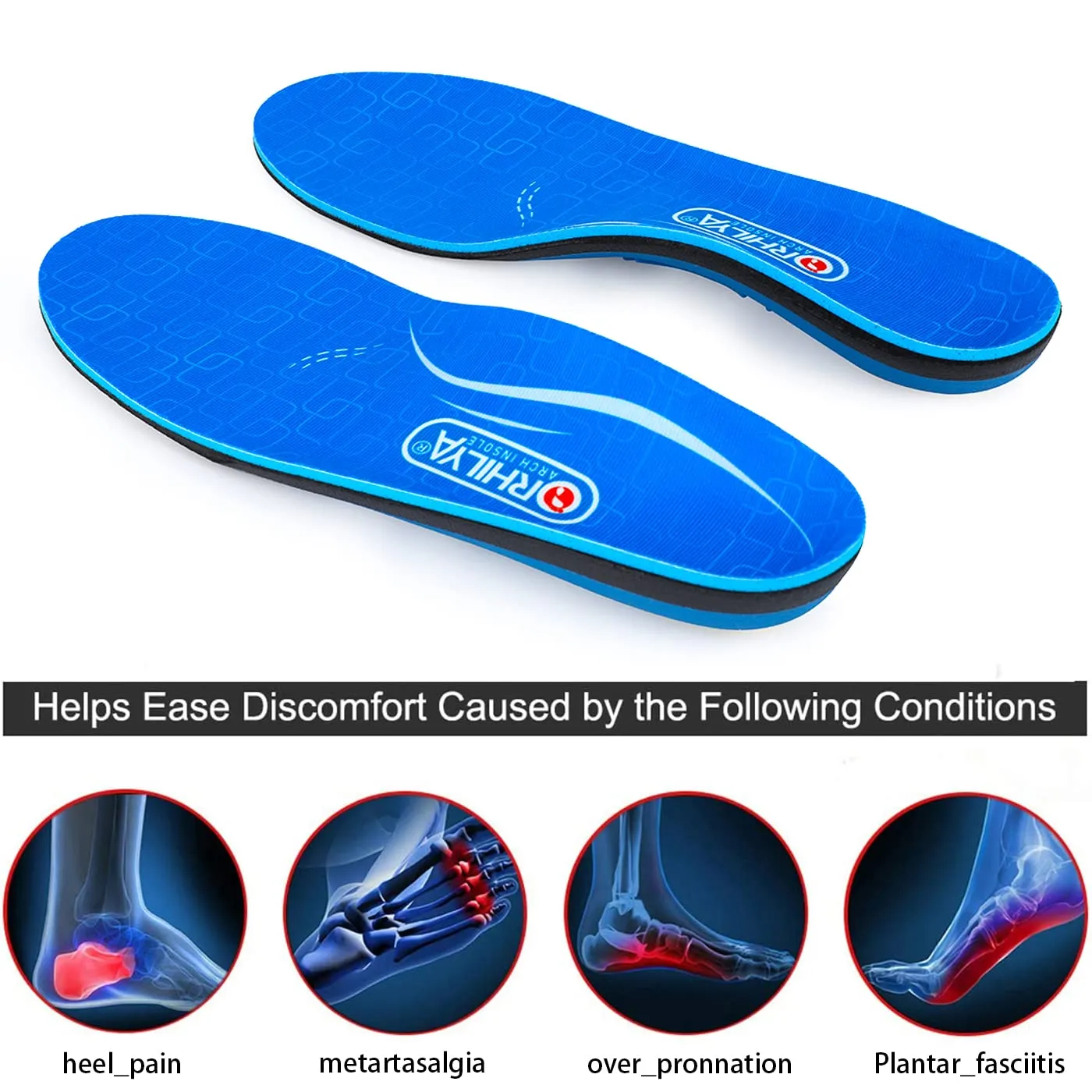 Arch Support Insertion Plantar Fasciitis Relieves Insoles Flat Feet Orthopedic Insoles Shock Absorption Comfortable High Arch Men and Women MEN (9-9 1/2) | WOMEN (11-11 1/2) --280MM-11.02" Blue