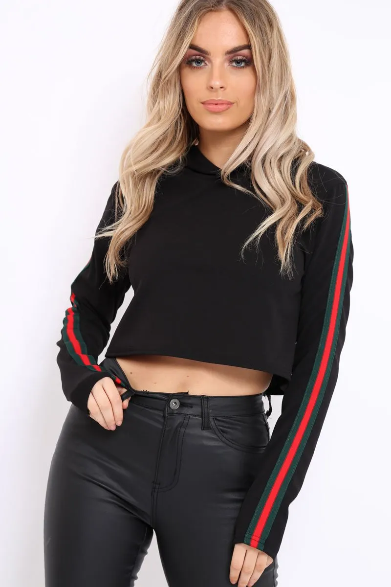 Black Cropped Hoodie with Striped Trim - Essie