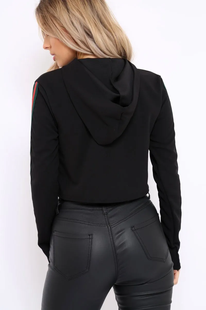 Black Cropped Hoodie with Striped Trim - Essie