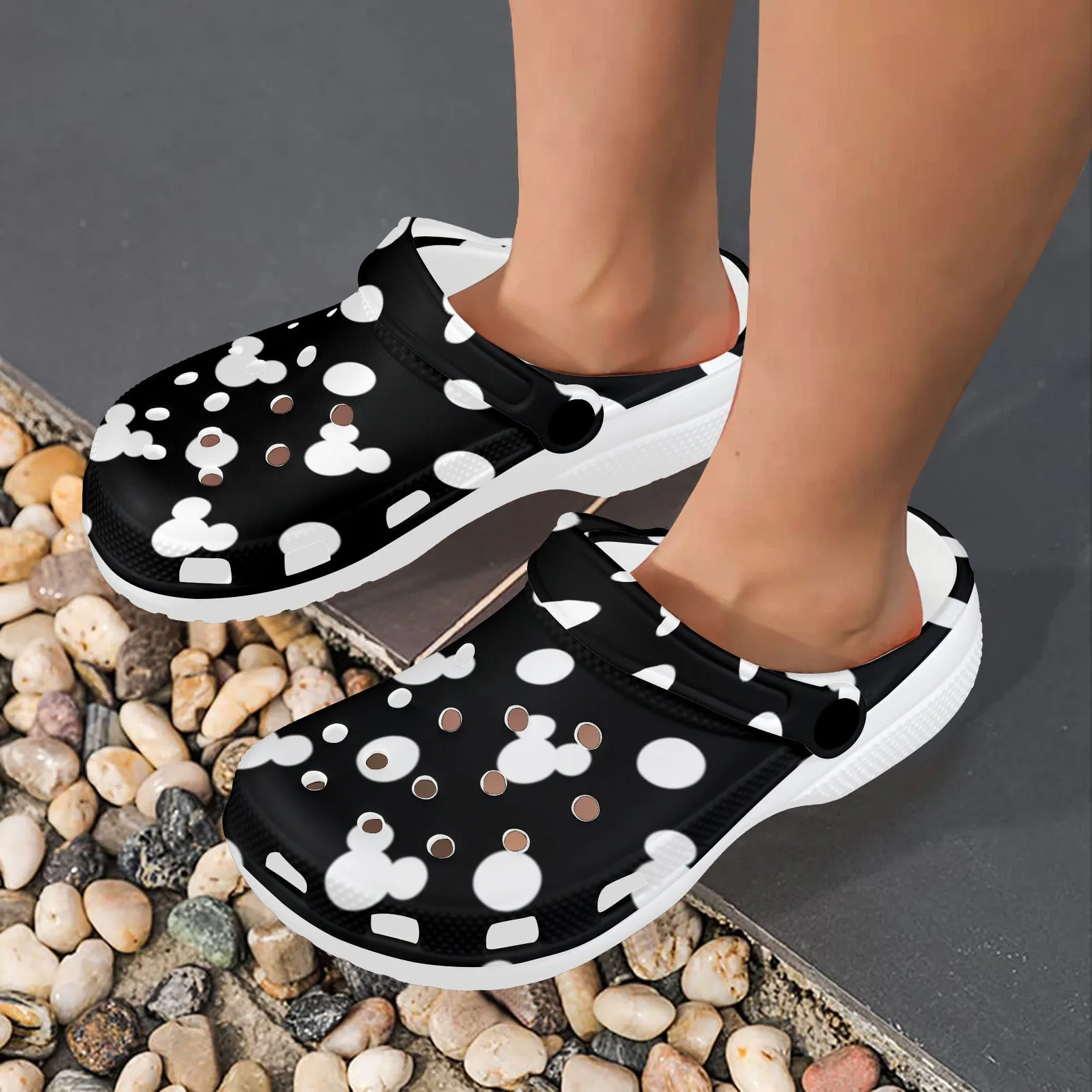 Black With White Mickey Polka Dots Foam Clogs for Adults