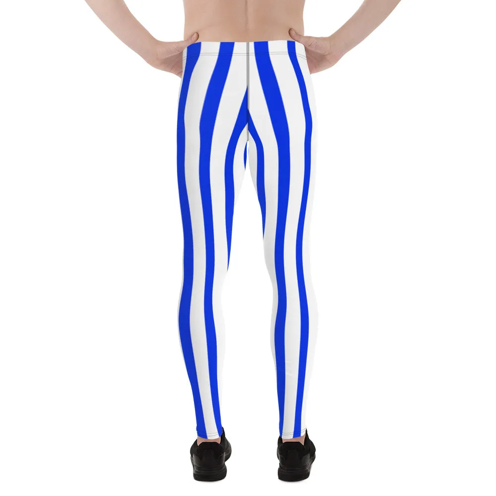 Blue Striped Vertical Print Meggings, Men's Running Leggings Compression Running Tights- Made in USA/EU