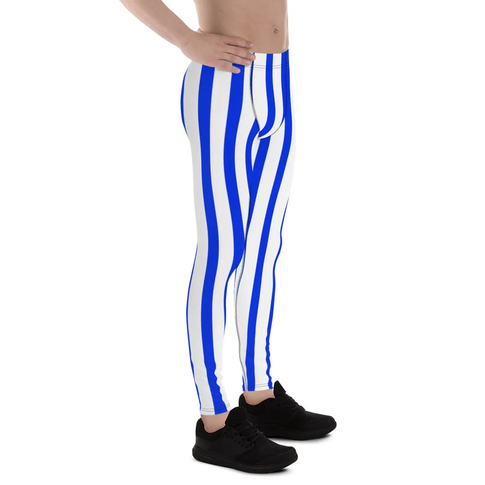 Blue Striped Vertical Print Meggings, Men's Running Leggings Compression Running Tights- Made in USA/EU