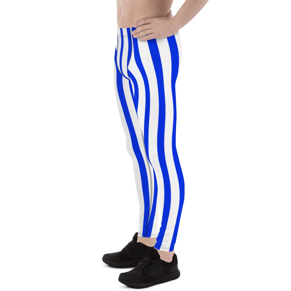 Blue Striped Vertical Print Meggings, Men's Running Leggings Compression Running Tights- Made in USA/EU