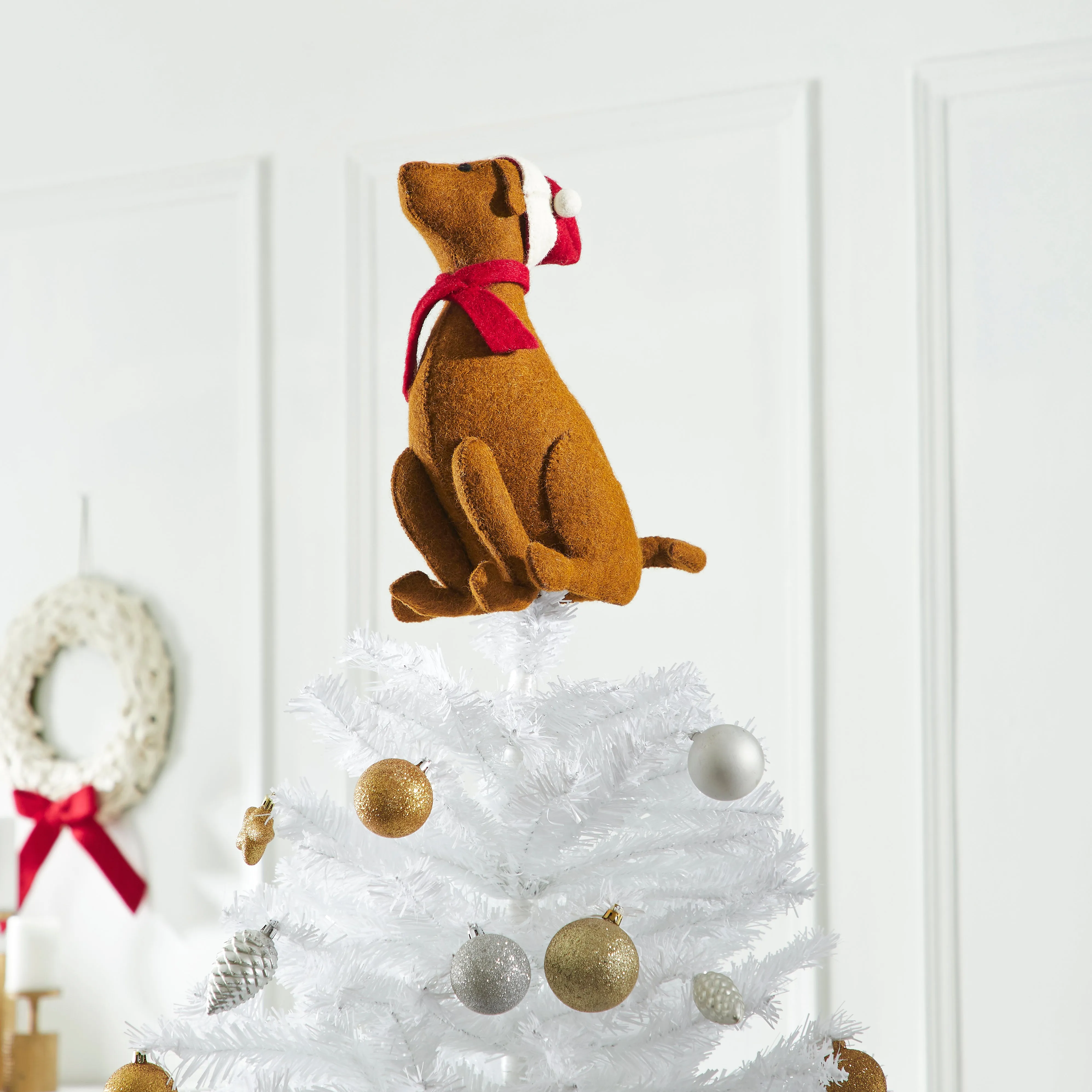 Brown Lab with Santa Hat Christmas Tree Topper in Hand Felted Wool