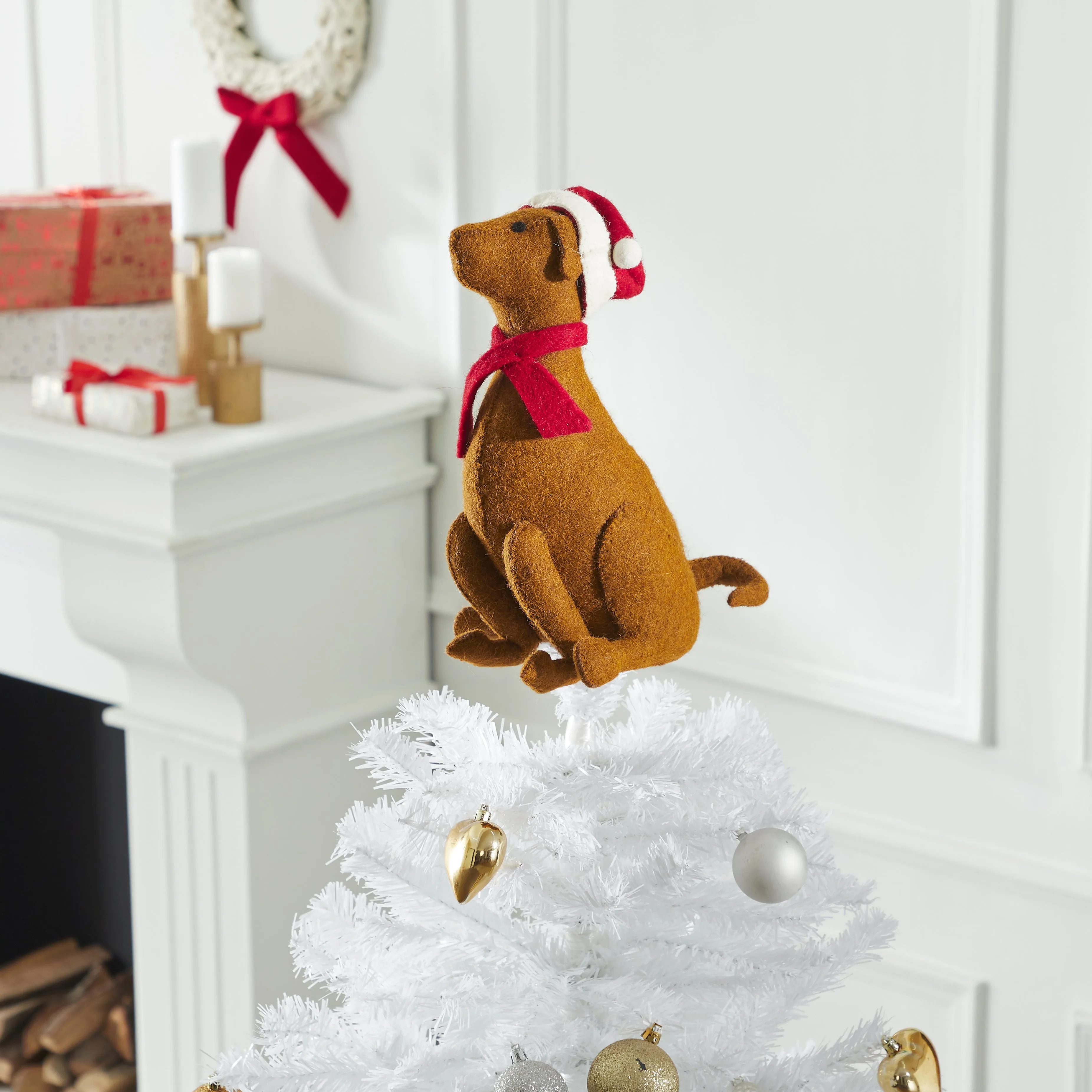 Brown Lab with Santa Hat Christmas Tree Topper in Hand Felted Wool