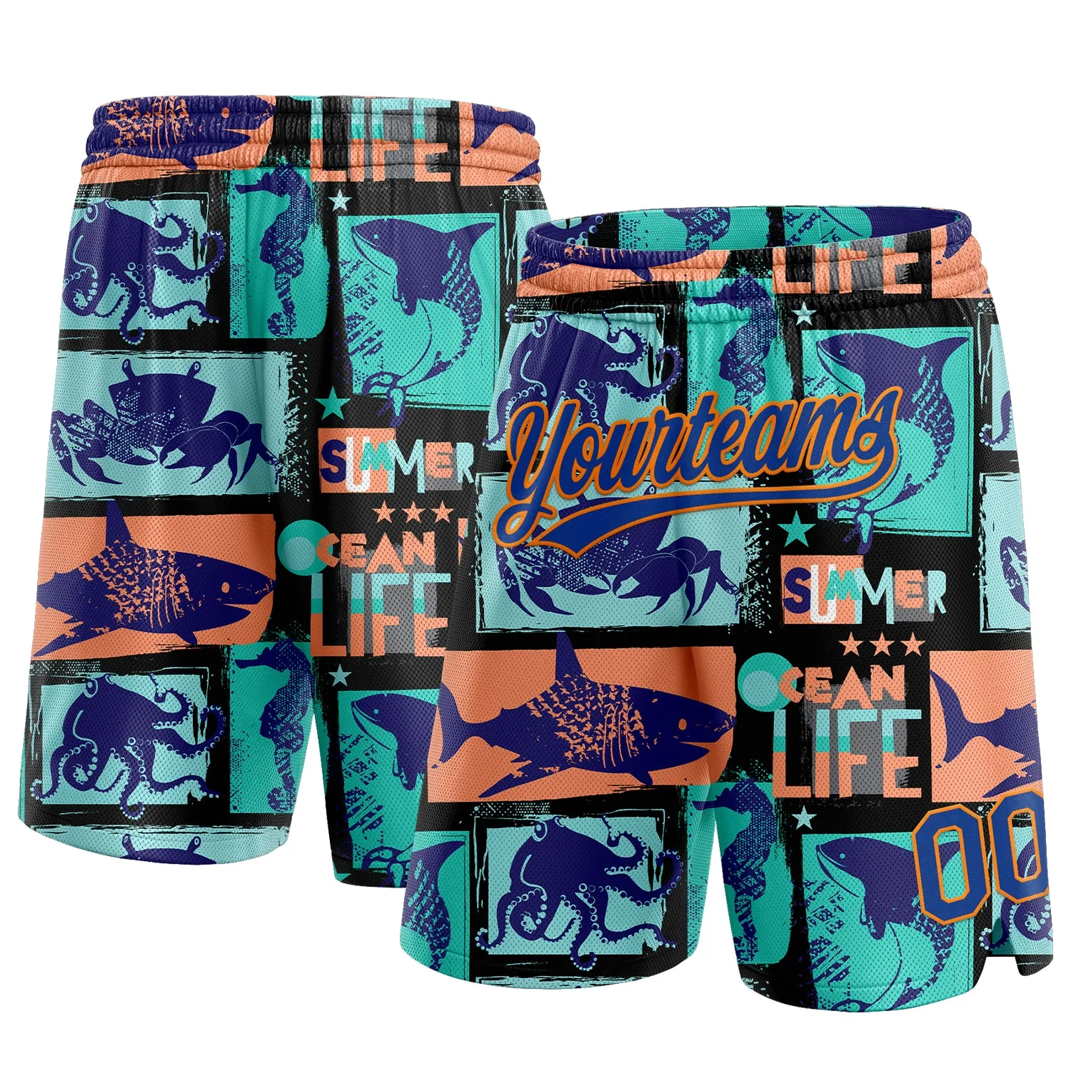 Custom Black Royal-Bay Orange 3D Pattern Summer Ocean Life Authentic Basketball Shorts