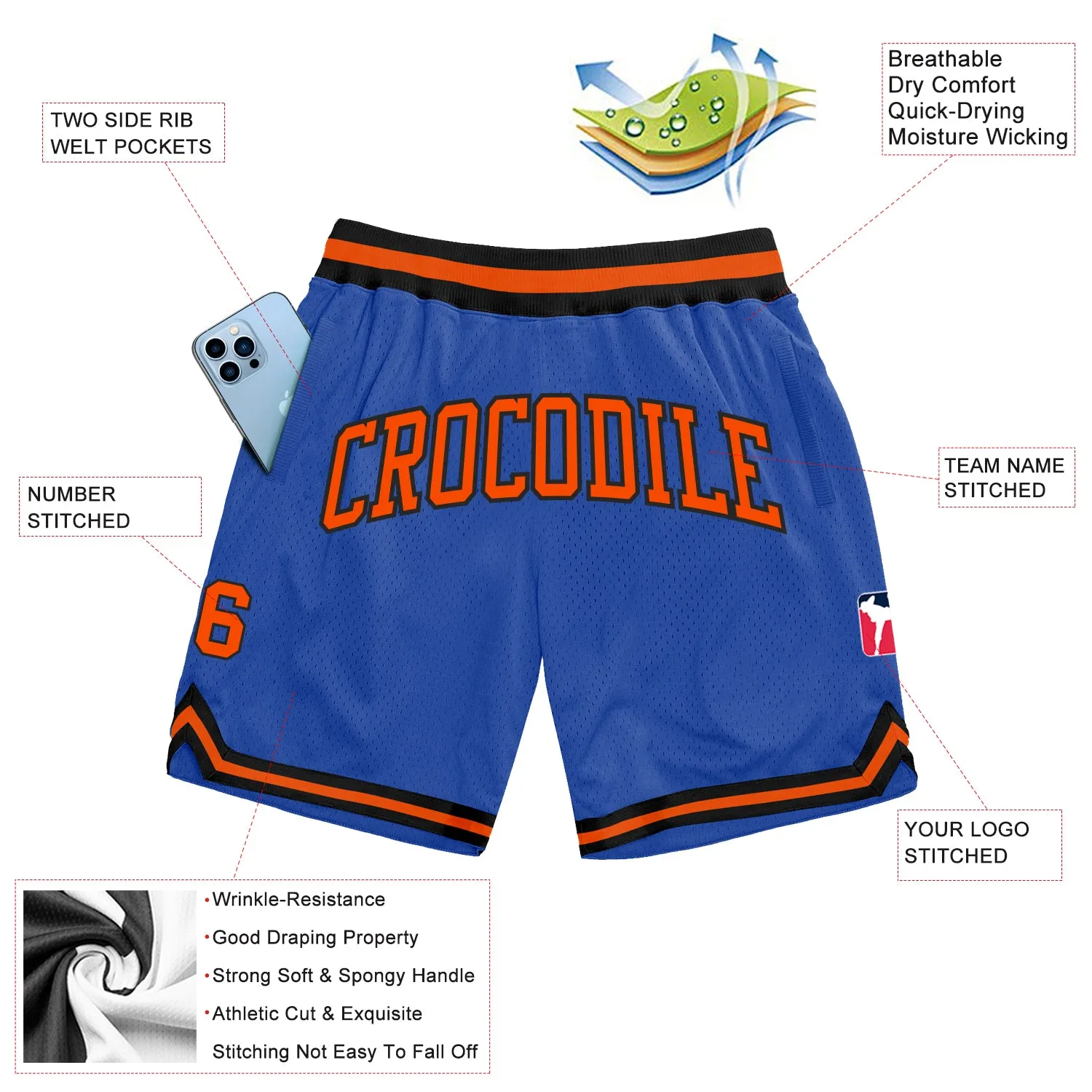 Custom Blue Orange-Black Authentic Throwback Basketball Shorts