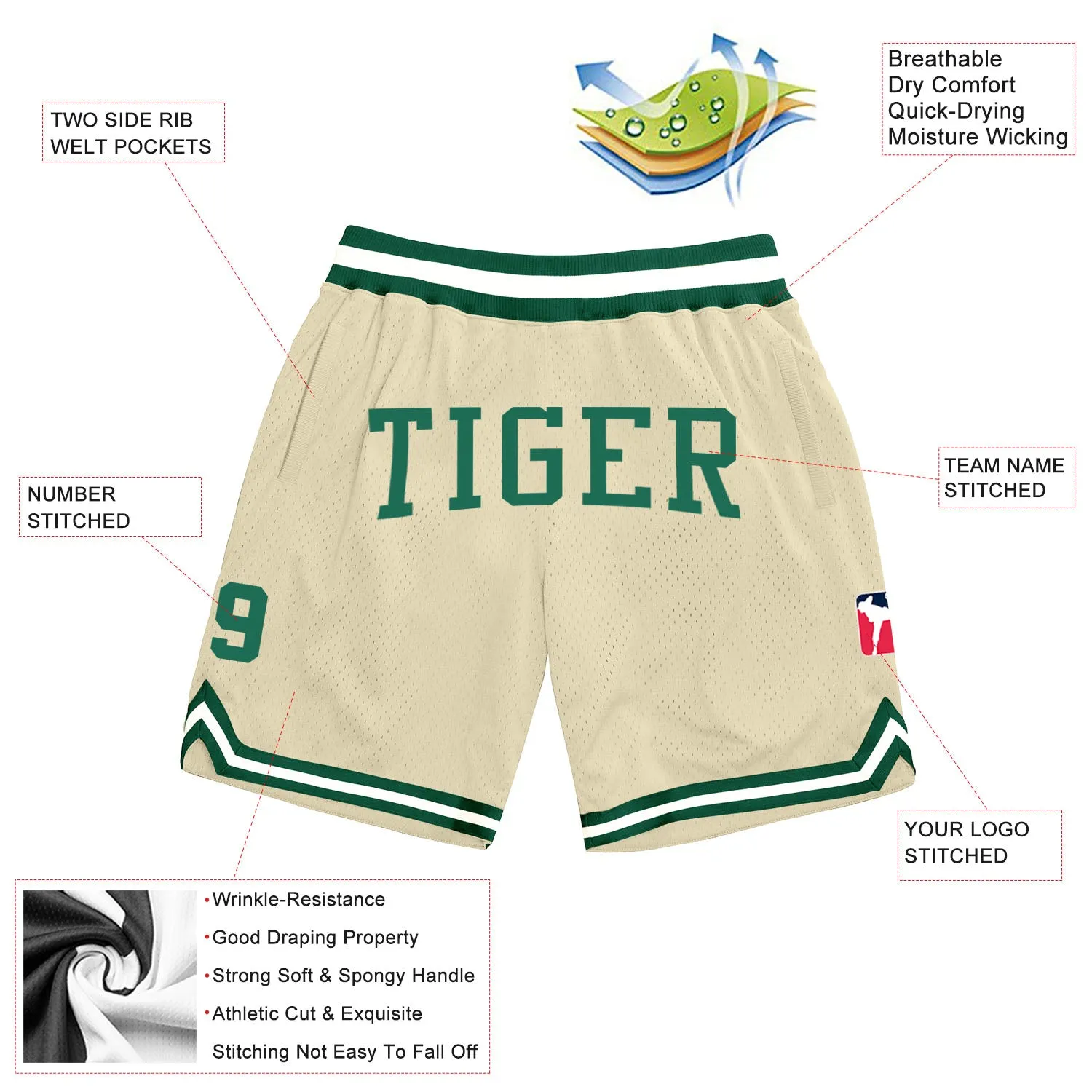 Custom Cream Kelly Green-White Authentic Throwback Basketball Shorts