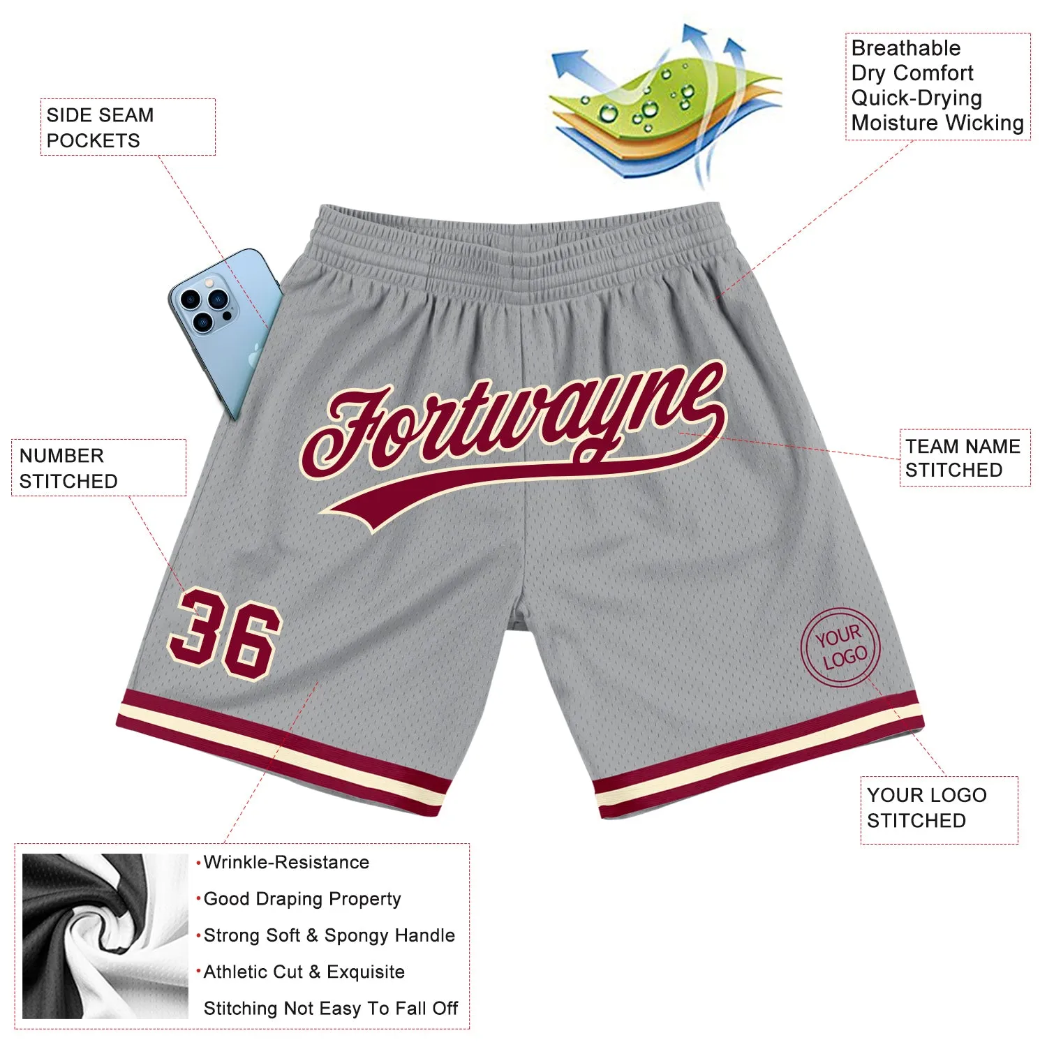 Custom Gray Maroon-Cream Authentic Throwback Basketball Shorts