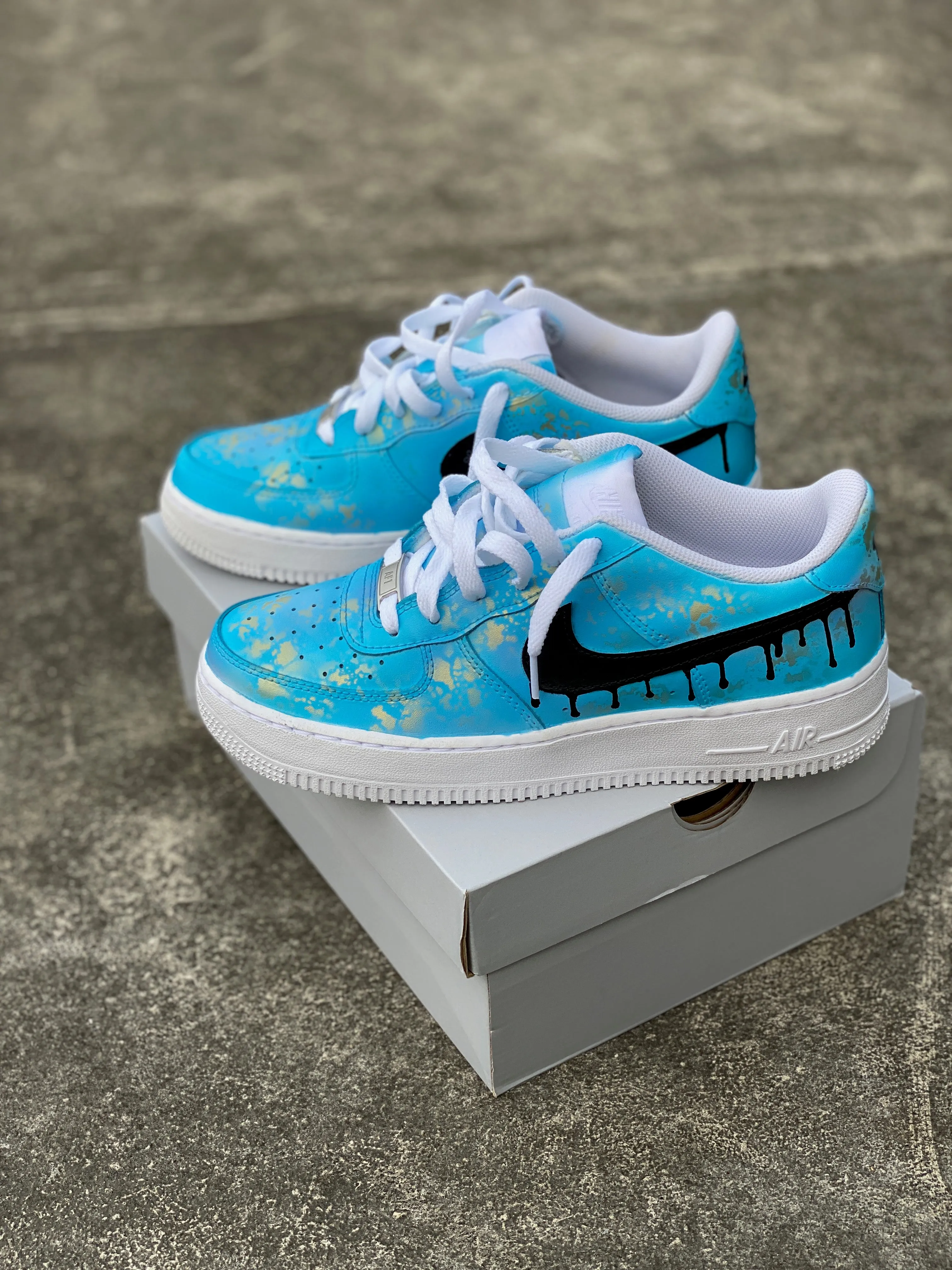 Custom Hand Painted Gold Speckled Blue Drip Nike Air Force 1