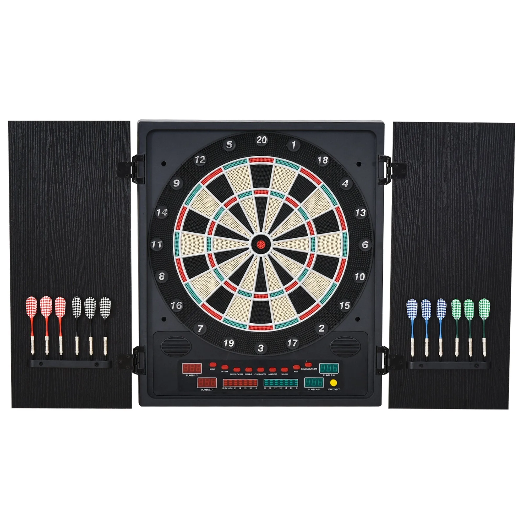 Electronic Dartboard In Case LED Scoreboard w/ 12 Darts 30 Heads Side Storage Cabinet Classic Game Family Fun Game Black White