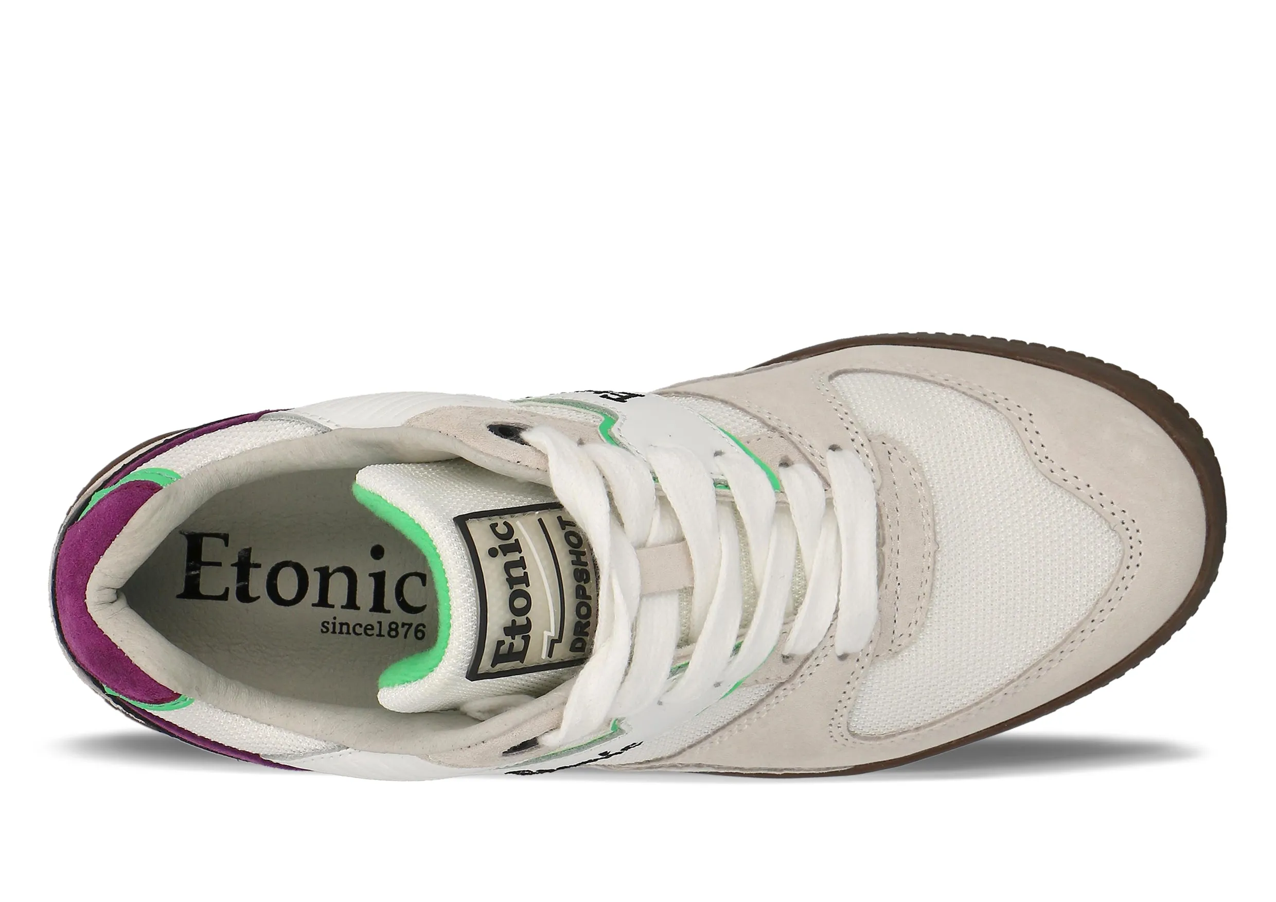 Etonic DROPSHOT sneakers in white suede leather, white mesh, lime green and purple details with light honey outsole.