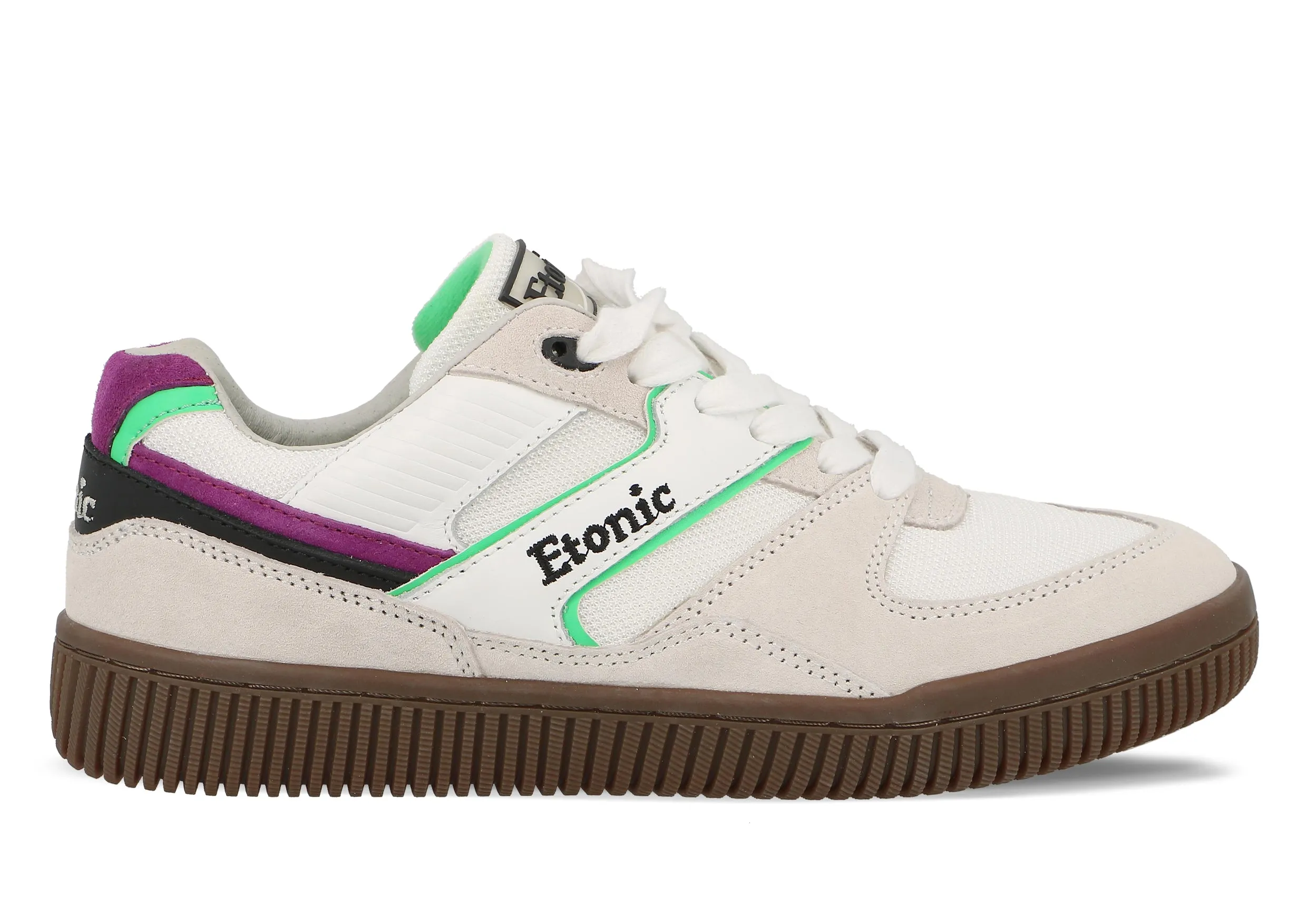 Etonic DROPSHOT sneakers in white suede leather, white mesh, lime green and purple details with light honey outsole.