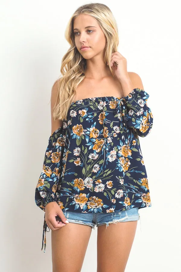 Flowered off-shoulder long sleeve top