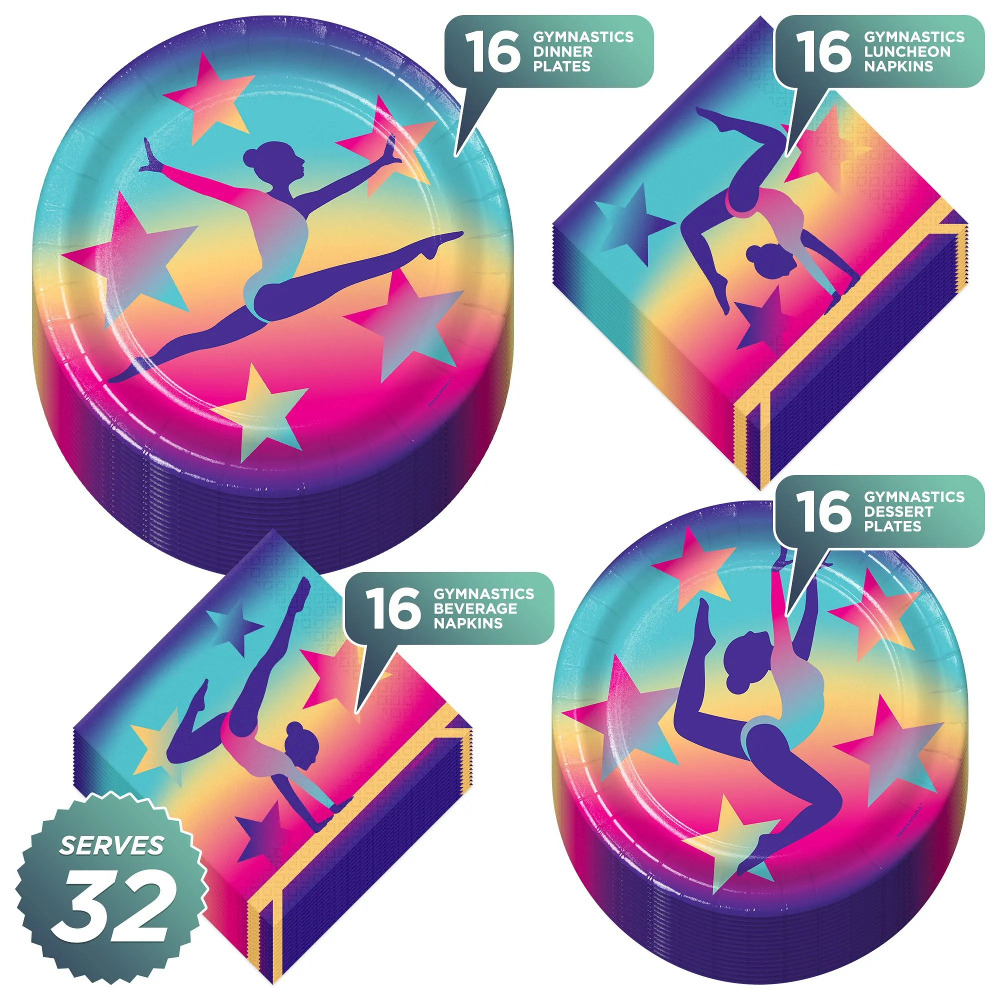 Gymnastics Party Supplies - Paper Plates and Beverage Napkins (Serves 32)