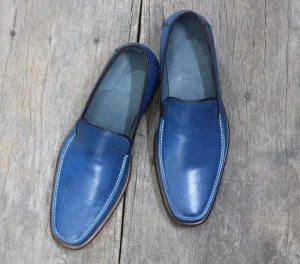 Handmade Blue Leather Loafers Shoe For Men's