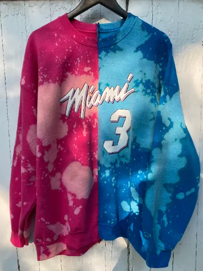 Handmade Miami Heat Pink Blue Vice Hand Bleached Half and Half T-shirt or Crew