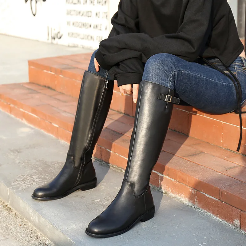 Handmade Soft Leather Knee High Boots Side Zip Riding Boots Short Plush Lining in Black/Brown