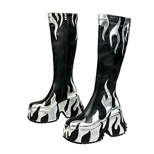 HiColor women’s side zipper high heeled silver Flames printing thick sole boots high boots round toe boots