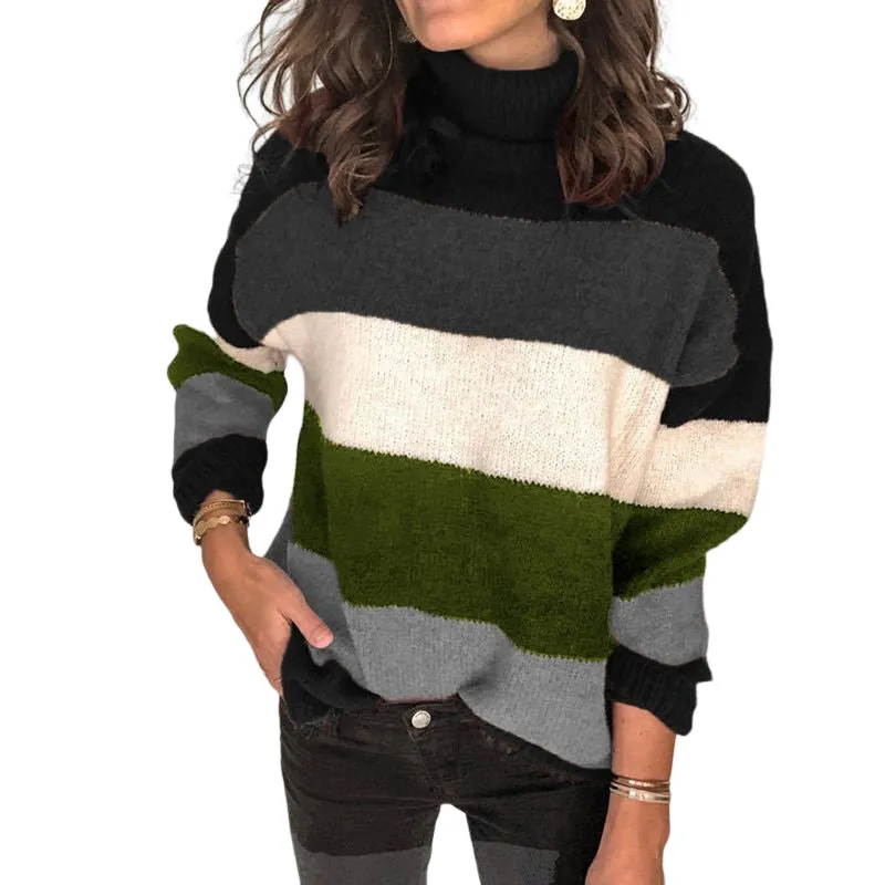 High-neck Paneled Knitted Striped Sweater