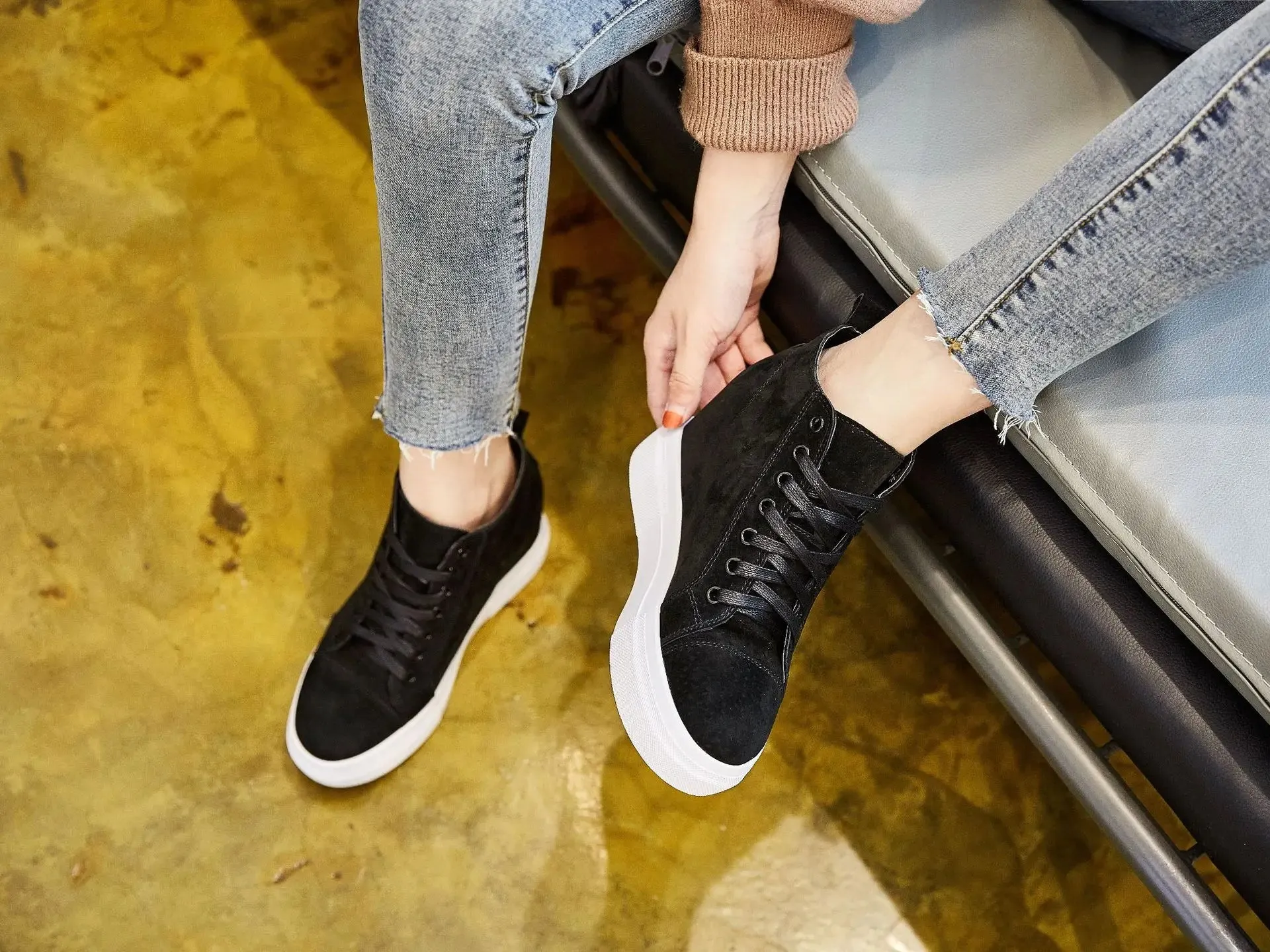 Joskaa 2024 New Cute Black Platform Sneakers