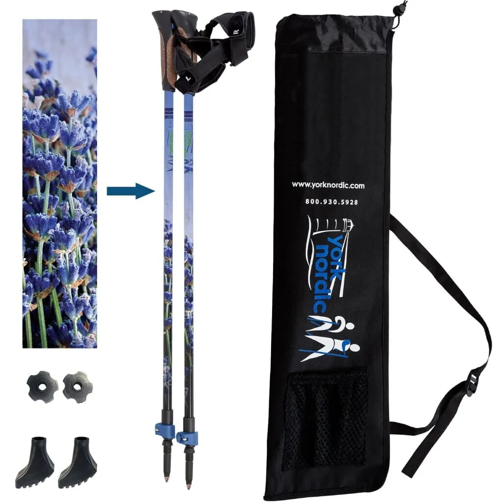 Lavender Walking Poles - Pair w-flip locks, rubber feet, travel bag, and 4 lavender sachets - For Heights up to 6’2”