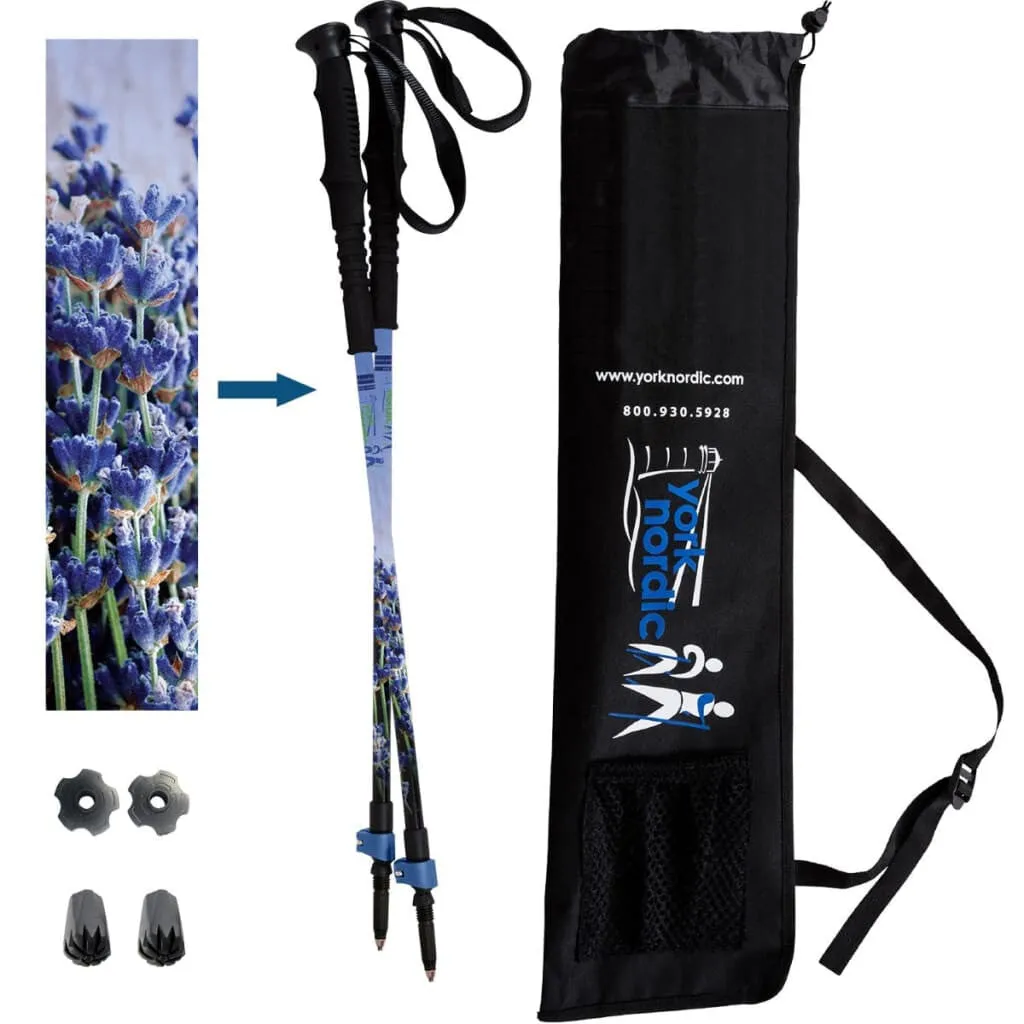 Lavender Walking Poles - Pair w-flip locks, rubber feet, travel bag, and 4 lavender sachets - For Heights up to 6’2”