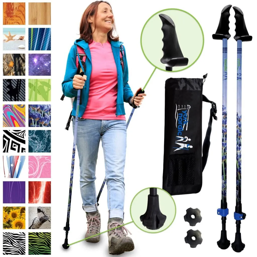 Lavender Walking Poles - Pair w-flip locks, rubber feet, travel bag, and 4 lavender sachets - For Heights up to 6’2”