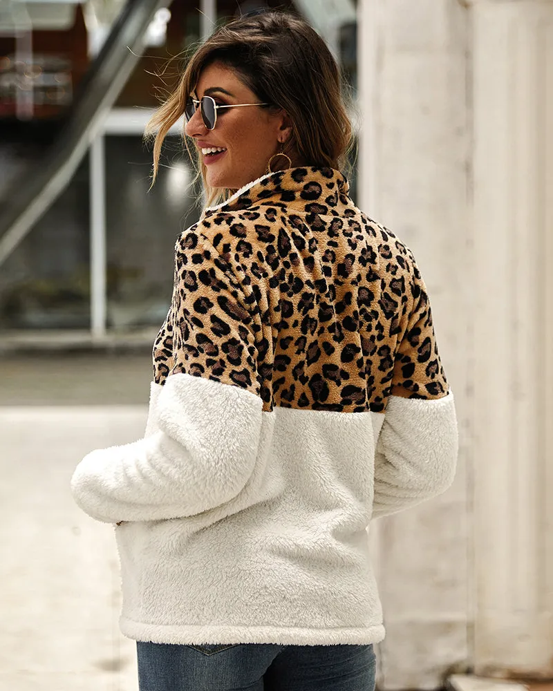 Leopard Color Block Tops Long Sleeve Coat Sweatshirt