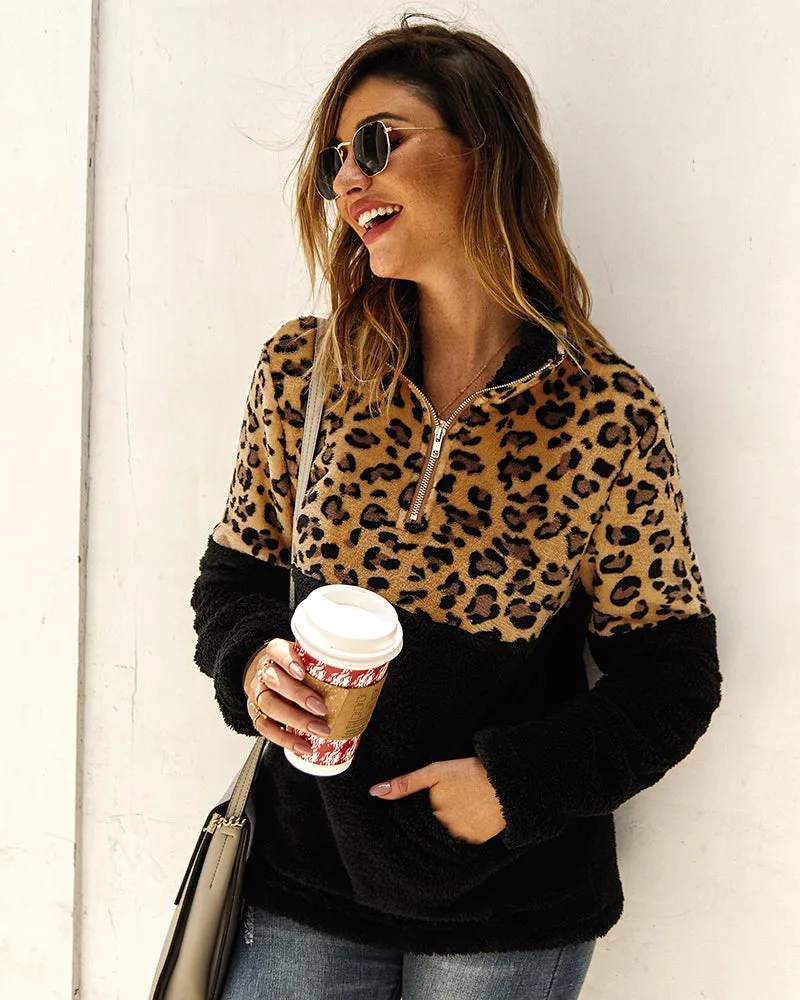 Leopard Color Block Tops Long Sleeve Coat Sweatshirt