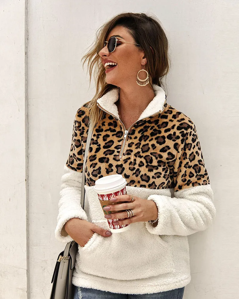 Leopard Color Block Tops Long Sleeve Coat Sweatshirt