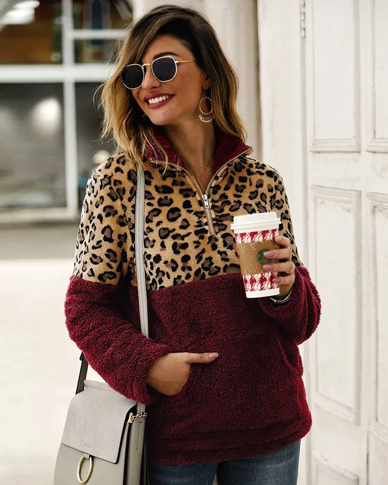 Leopard Color Block Tops Long Sleeve Coat Sweatshirt