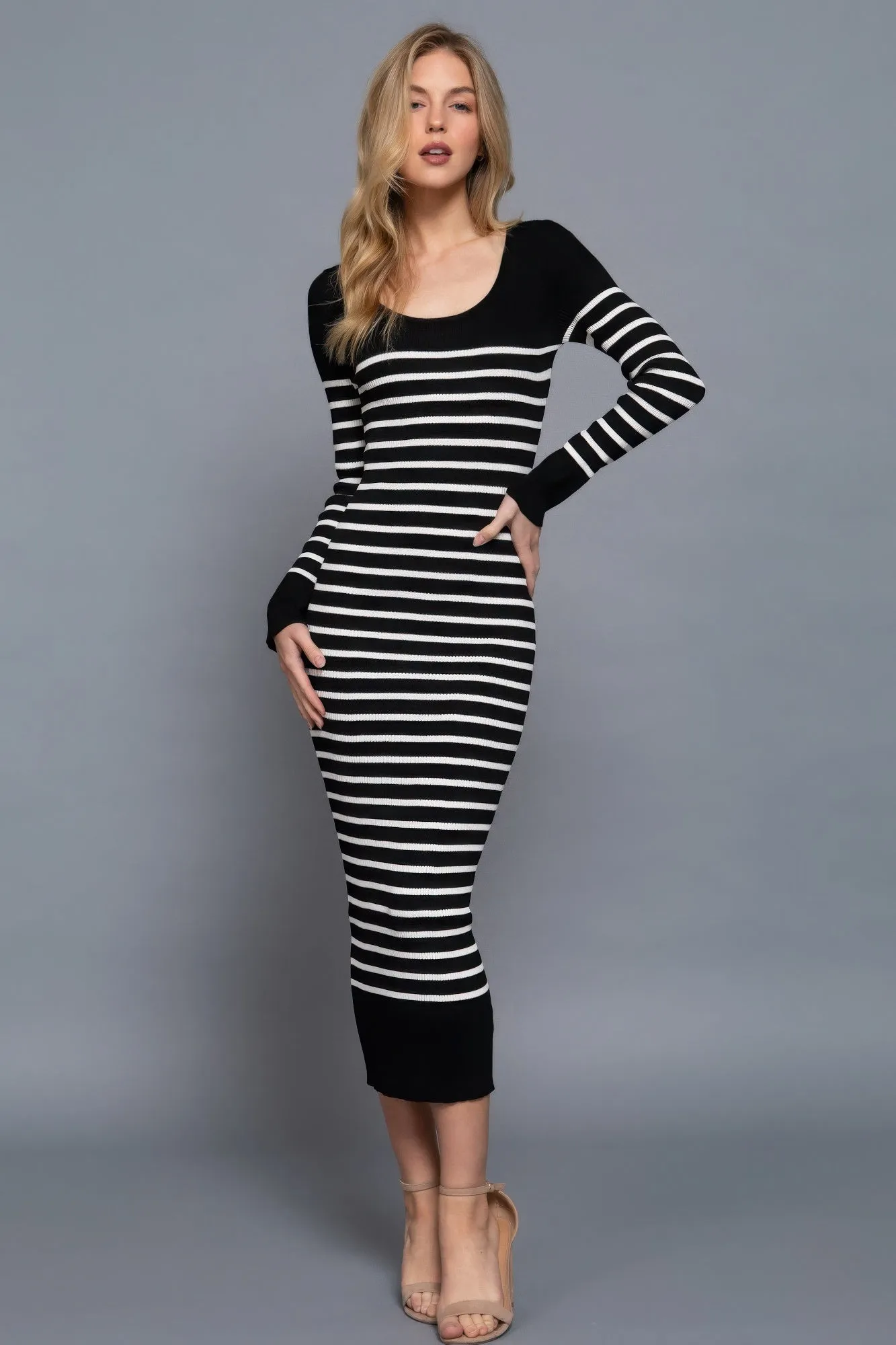 Long Slv Round Neck Stripe Sweater Long Dress