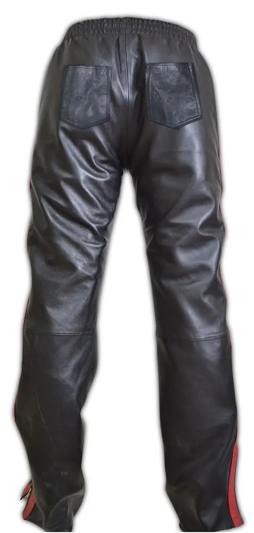 Mens Black Leather Sports Jogging Trousers With Double Red Stripes