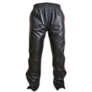 Mens Black Leather Sports Jogging Trousers With Double Red Stripes