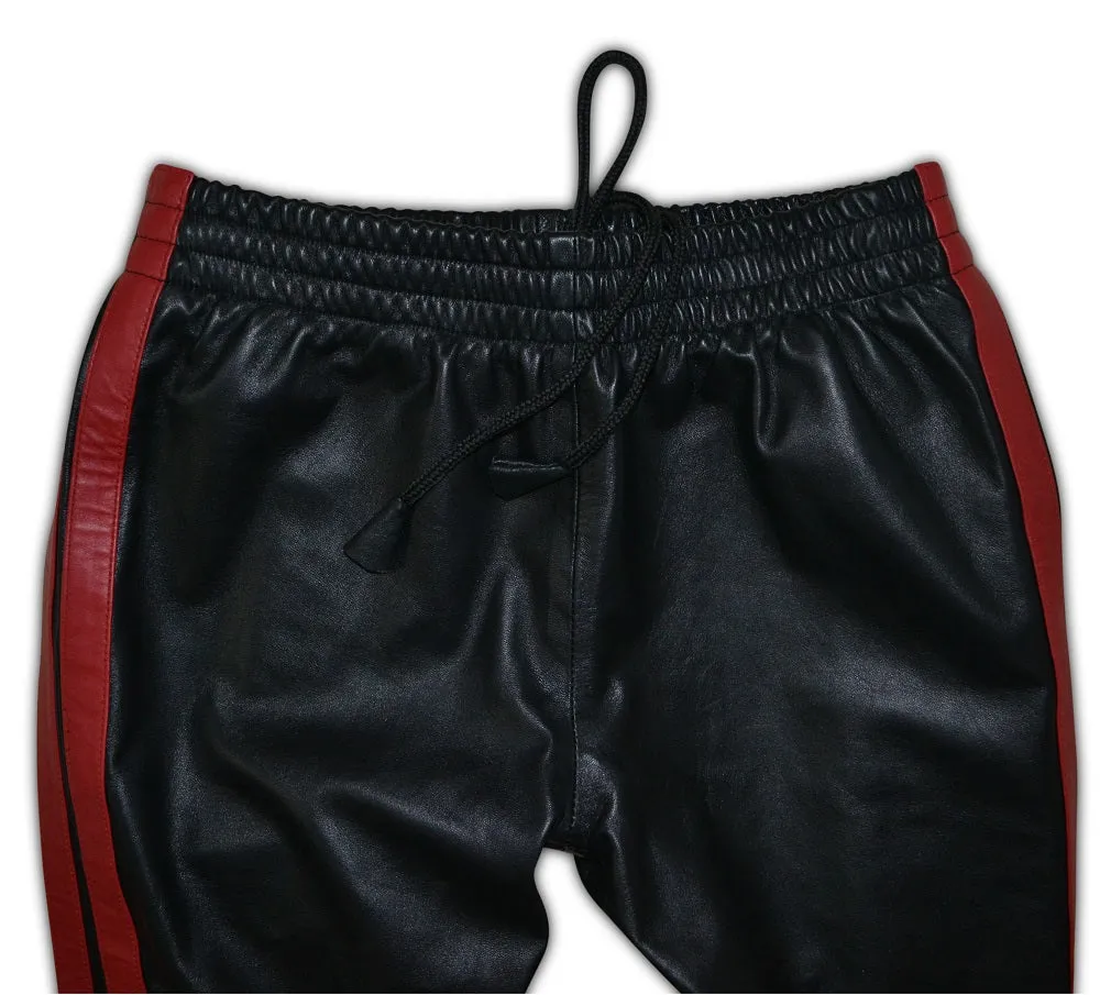 Mens Black Leather Sports Jogging Trousers With Double Red Stripes