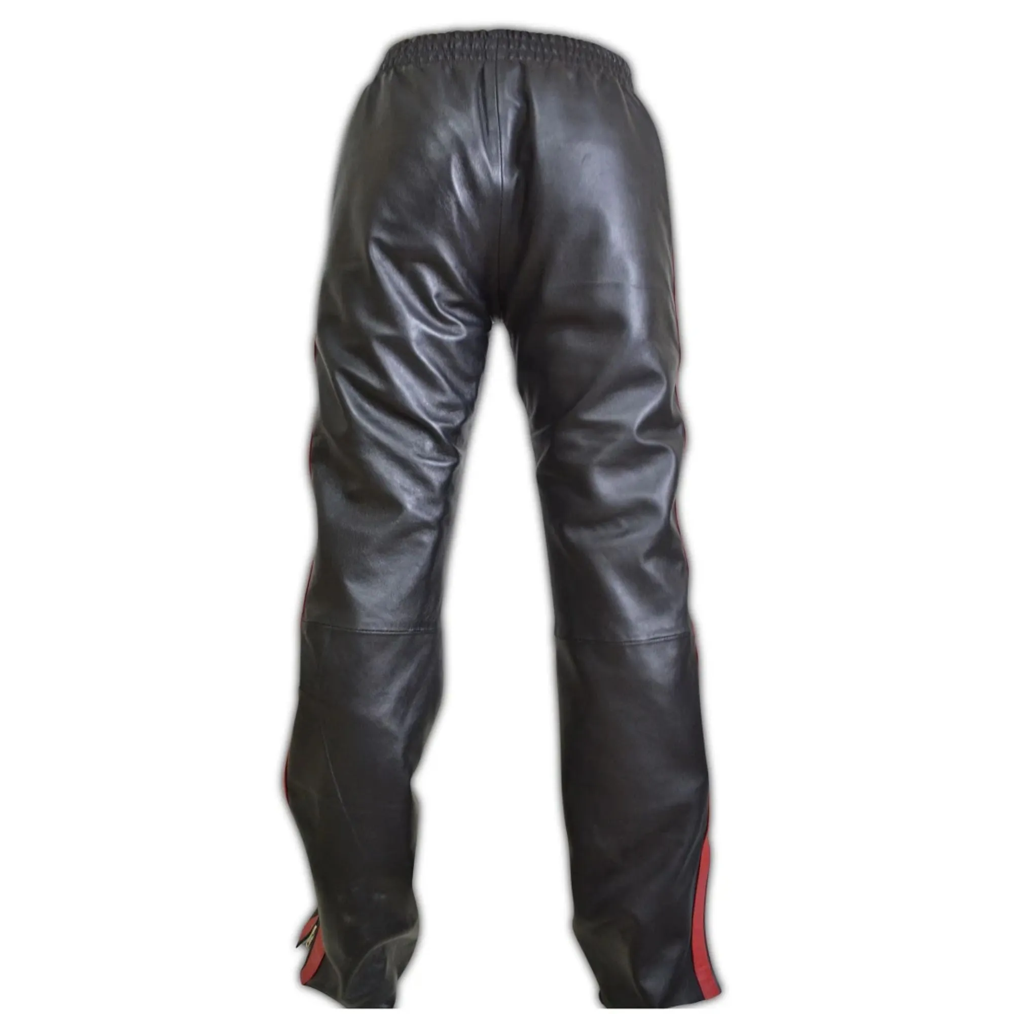 Mens Black Leather Sports Jogging Trousers With Double Red Stripes