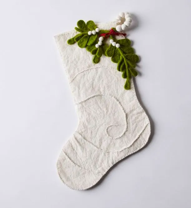 Mistletoe on Cream Christmas Stocking in Hand Felted Wool