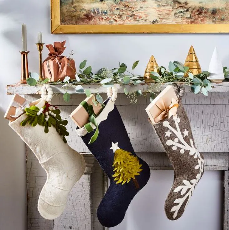 Mistletoe on Cream Christmas Stocking in Hand Felted Wool