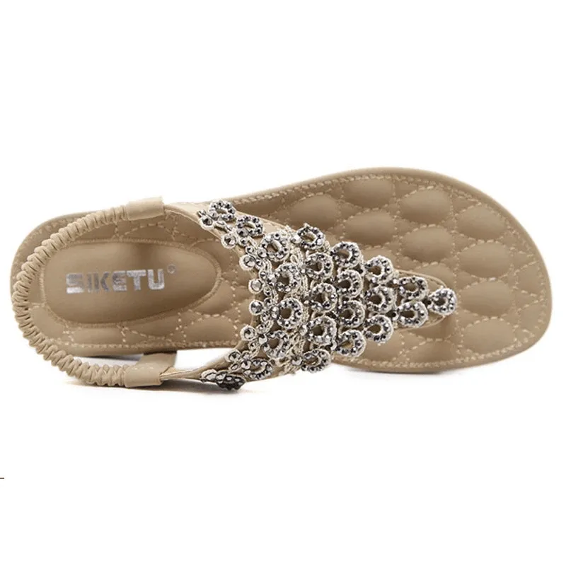 OCW Rhinestone Sandals For Women T-strap Flat Anti-shock Stylish For Summer