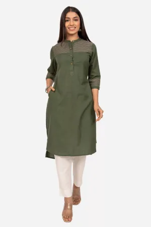 Olive Green  High Low Straight Fit Cotton Kurta