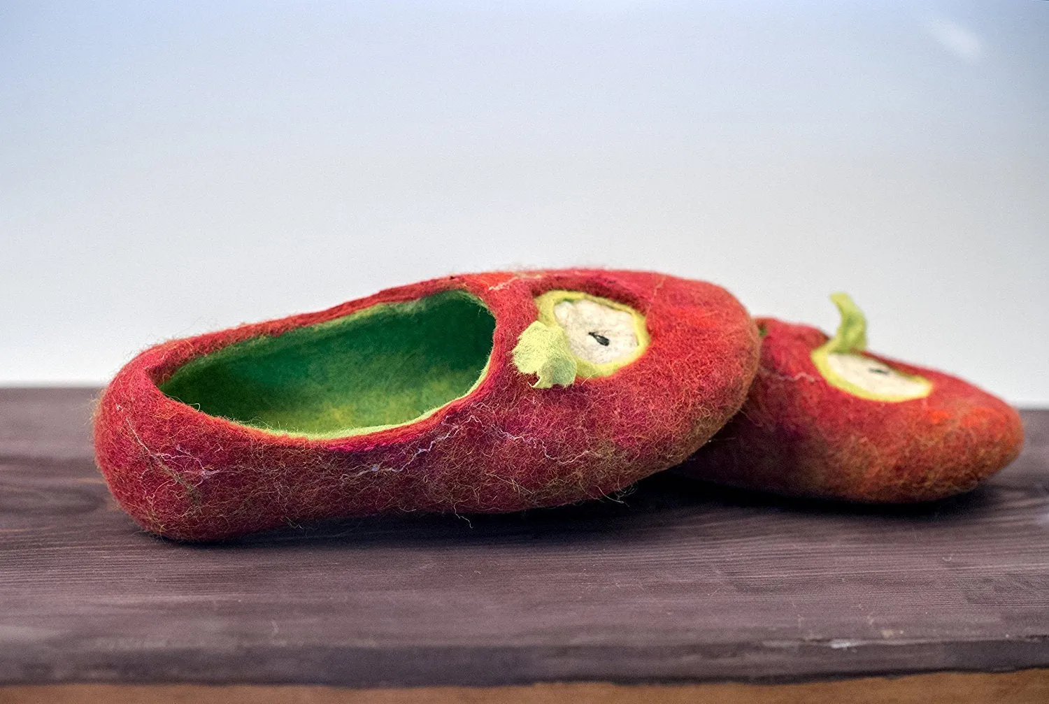 Red Apples handmade felted wool slippers for women