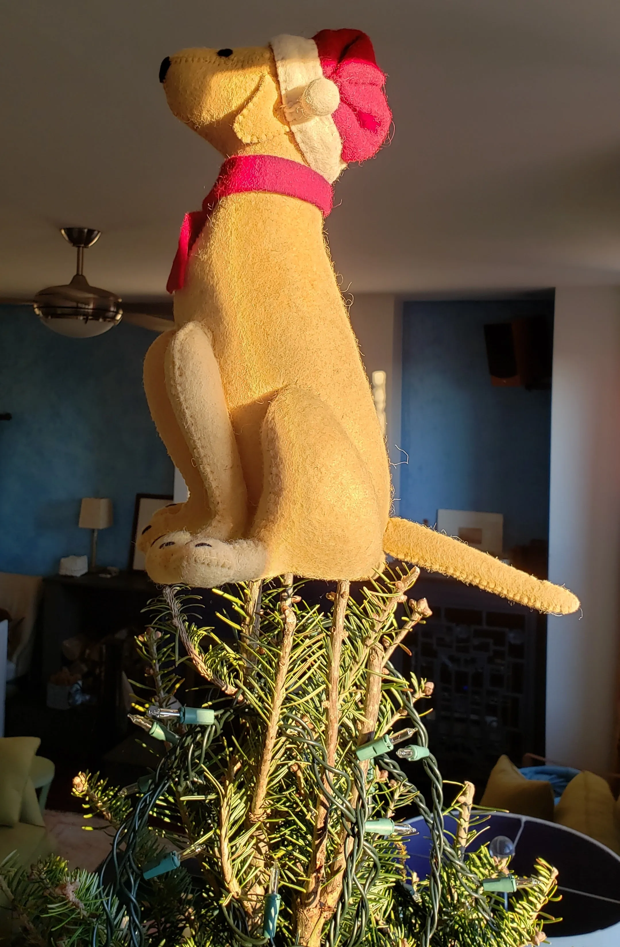 Tan Yellow Lab with Santa Hat Christmas Tree Topper in Hand Felted Wool