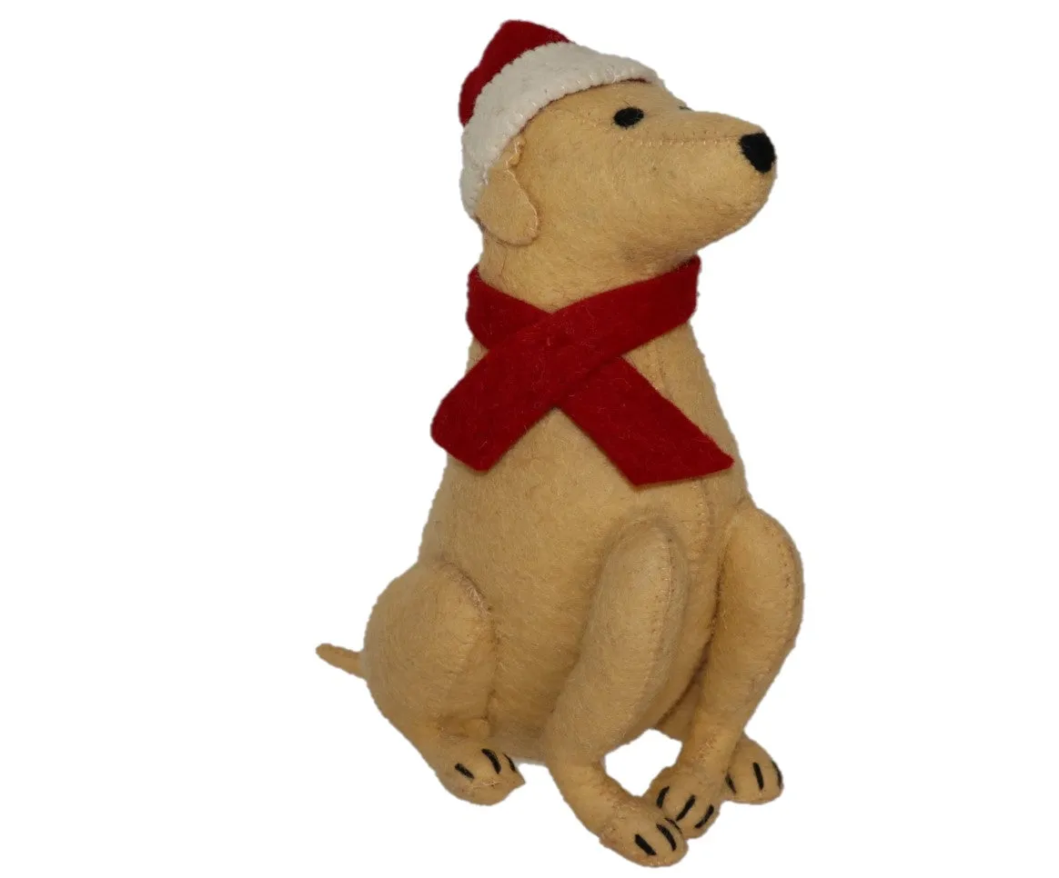 Tan Yellow Lab with Santa Hat Christmas Tree Topper in Hand Felted Wool