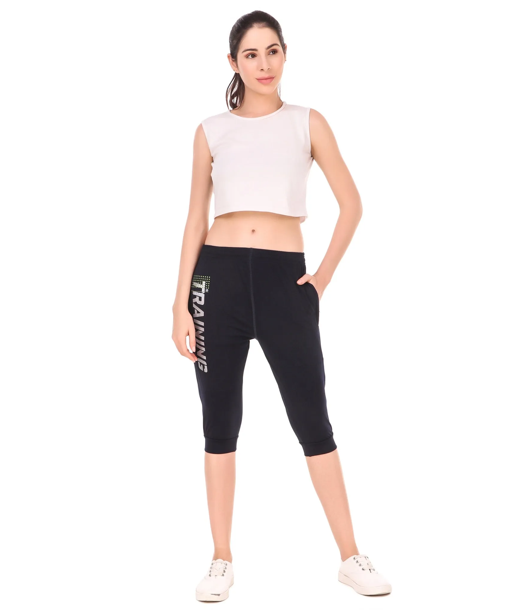 Women's Stretchable Lycra 3/4th Capri with 2 Zippered Pockets for Gym, Yoga, Workout and Casual Wear