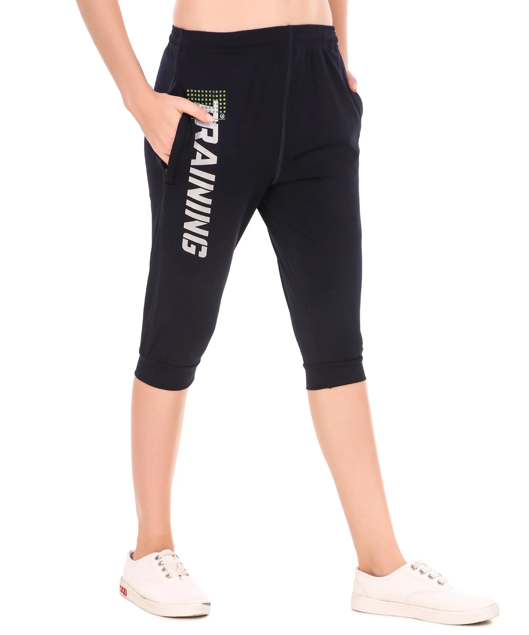 Women's Stretchable Lycra 3/4th Capri with 2 Zippered Pockets for Gym, Yoga, Workout and Casual Wear